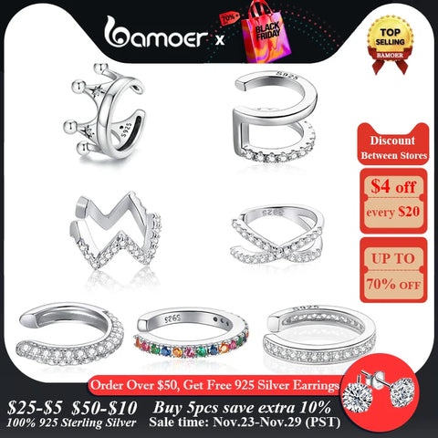 bamoer 925 sterling silver Mono-earring Clip Earrings for Girl CZ Platinum Plated Stud Earrings Women Wedding Party Jewelry