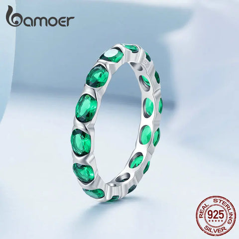 Bamoer 925 Sterling Silver Dazzling Green Spinel Finger Ring for Women Valentine's Day Gift Platinum Plated Fine Jewelry