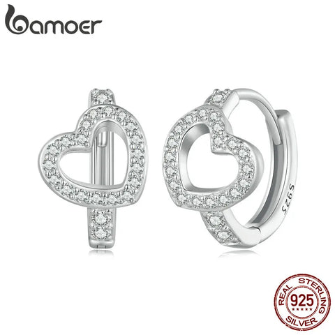 Bamoer 925 Sterling Silver Dazzling Heart Ear Buckles Original Design Hoop Earrings for Women Girls Birthday Fine Jewelry