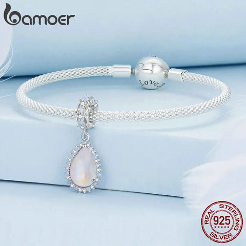 BAMOER 925 Sterling Silver Faceted Teardrop Glass Crystal Charms Water Drop Loose Spacer Beads Fit Original Charm Bracelet