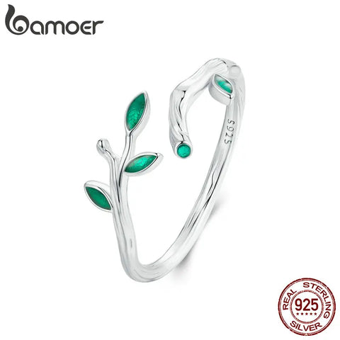 BAMOER 925 Sterling Silver Green Leaf Opening Ring Twig Adjustable Ring for Women Plated Platinum Fine Jewelry Gift