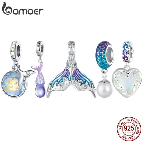 Bamoer 925 Sterling Silver Mermaid Tail Waterdrop Pendant Charms Fish Scale Beads for Women Bracelet and Necklace DIY