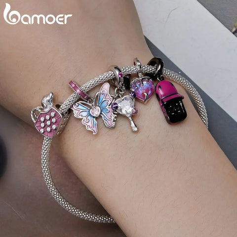 Bamoer 925 Sterling Silver Pink Lady Series Butterfly Hanging Bead Melting Heart Pendant Charm for Women Bracelet & Necklace DIY