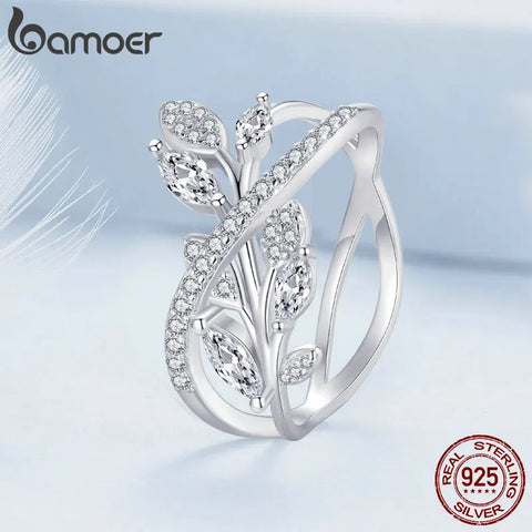 Bamoer Platinum Plated 925 Sterling Silver Luxury Leaf Ring Geometric Cross Band Pave Setting CZ for Women Fine Jewelry