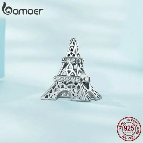 Bamoer 925 Sterling Silver Eiffel Tower Beads Landmark Building Charms for Women Bracelet DIY Pave Setting CZ Fine Jewelry