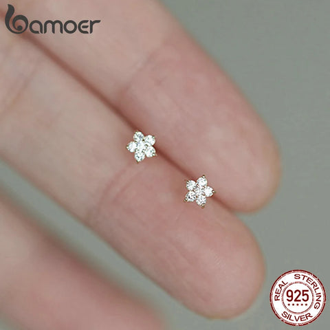 BAMOER 925 Sterling Silver  Five-pointed Star Stud Earrings for Women Shining Mini Flowers Earring Fine Jewelry Party Gift