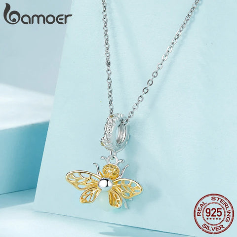 Bamoer 925 Sterling Silver Glow-in-the-dark Bee Hanging Beads Luminous Yellow Honeybee Charm for Women Bracelet and Bangle DIY