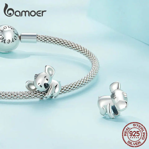 Bamoer 925 Sterling Silver Cute Koala Bead Animal Hug Charms for Women Original Bracelet and Bangle Fine Jewelry SCC2449