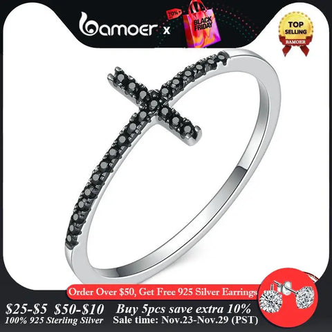 BAMOER Popular 925 Sterling Silver Faith Cross Shape Finger Rings for Women ,Black Clear CZ Sterling Silver Jewelry Gift SCR067