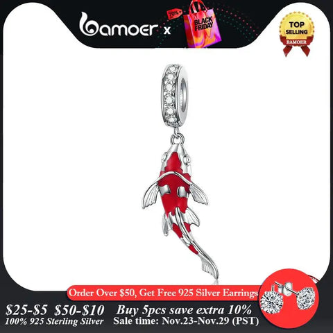 Bamoer 925 Sterling Silver Red Enamel Fish Pendant Lucky Koi Dangle Charm Fit Women Bracelet Necklace DIY Fine Jewelry BSC085