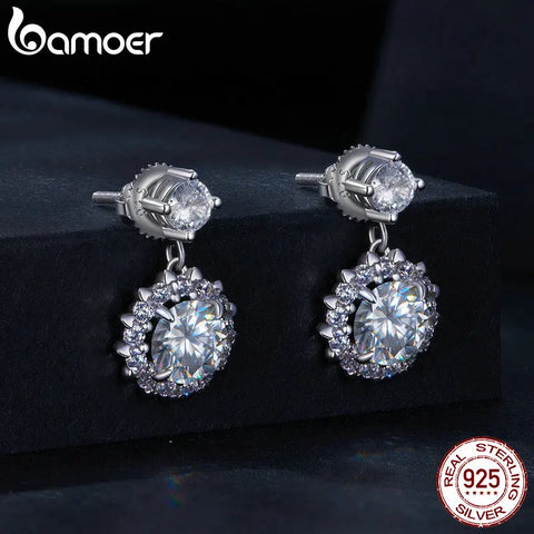 Bamoer 925 Sterling Silver Sweet Moissanite Stud Earrings Flower Drop Earrings for Women Wedding Engagement Jewelry Gift MSE028