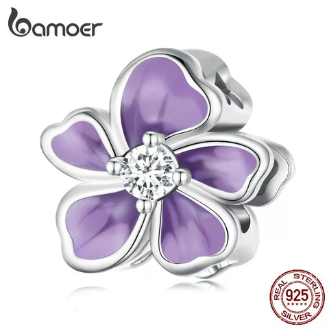 Bamoer 925 Sterling Silver Purple Enamel Flower Beads Clear Zircon Charms for Women Original Bracelet Fine Jewelry SCC2459