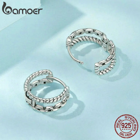 BAMOER 925 Sterling Silver Small Hoop Earrings 14K White Gold Plated Double Layer Curb Chain Huggie Earrings Hypoallergenic