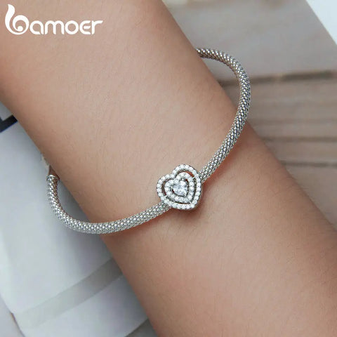 Bamoer 925 Sterling Silver Delicate Rose Heart Pendant fit Women DIY Bracelet & Bangle Shiny Zirconium Love Charms Fine Jewelry