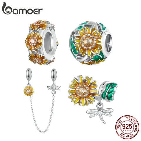 Bamoer 925 Sterling Silver Enamel Sunflower Beads Dragonfly Silica Gel Safety Chain for Women Bracelet and Bangle DIY