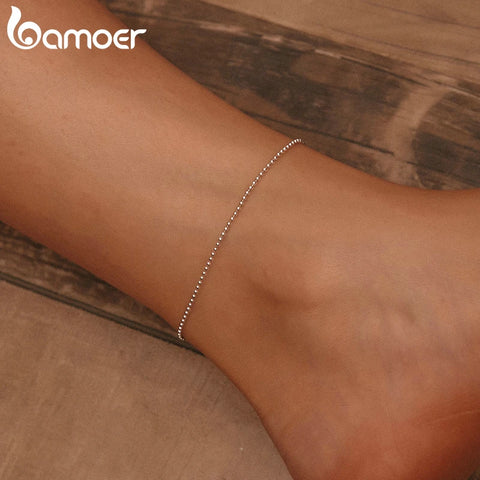 BAMOER Hot Sale Simple Essential Bead Link Anklets 925 Sterling Silver Bracelet for Foot Jewelry Silver Female Leg Chain SCT002