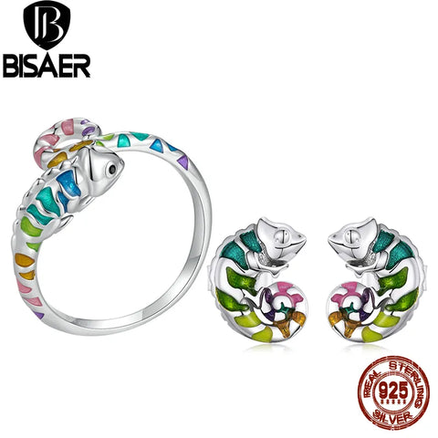 BISAER 925 Sterling Silver Chameleon Set Enamel process Earrings Open Ring Plated Platinum For Women Party Fine Jewelry Gift
