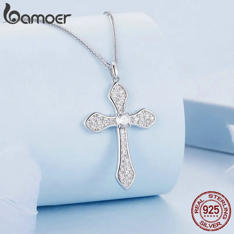 BAMOER White Gold Plated 925 Solid Sterling Silver Cubic Zirconia Cross Pendant Crucifix Necklace Faithful For Women Girls