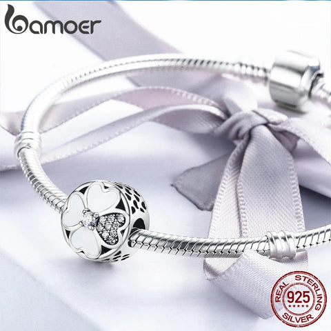 BAMOER Authentic 925 Sterling Silver Heart-Shaped Petals of Love Clover Beads fit Charm Bracelets for Women Jewelry Gift SCC250