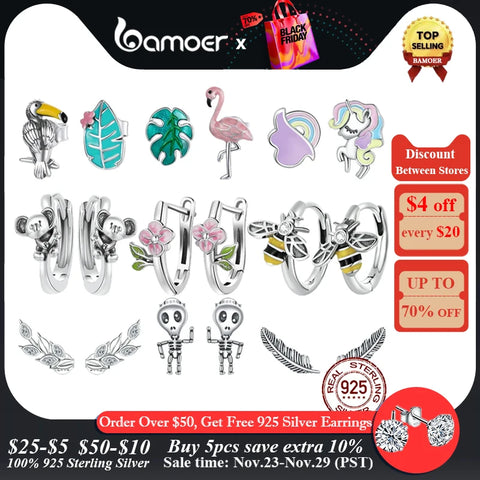 Bamoer 925 Sterling Silver Earrings Collection Bee Ear Buckles Flamingo Asymmetrical Earrings for Women Fine Jewelry Party Gift