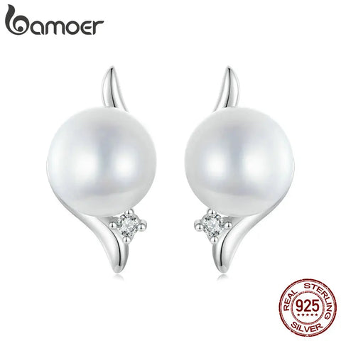 BAMOER 925 Sterling Silver Elegant Natural Freshwater Pearl Ear Studs Pave Setting CZ for Women Engagement Party Jewelry