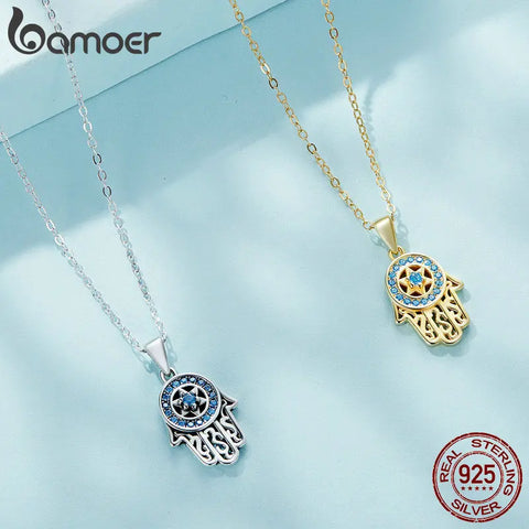 BAMOER Genuine 925 Sterling Silver Trendy Fatima's Guarding Hand Pendant Hamsa Lucky Necklaces for Women  Fine Jewelry Gift