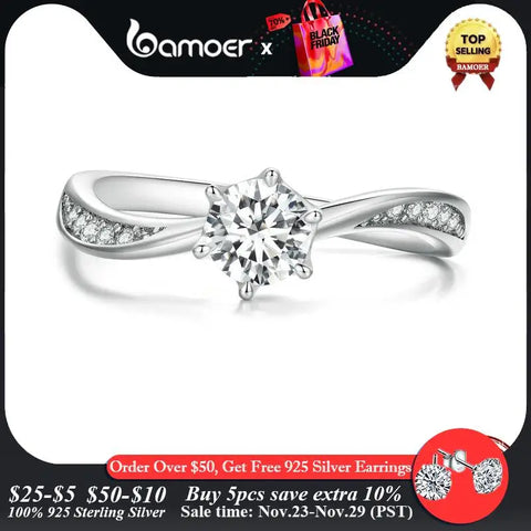 Bamoer 925 Sterling Silver Minimalist Geometric Twisted Finger Ring Pave Setting CZ Band for Women Engagement Anniversary Gift