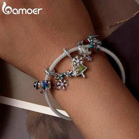 Bamoer 925 Sterling Silver Snowman Beads Christmas Bell Charms for Women Bracelet DIY Accessories Christmas Gift Fine Jewelry