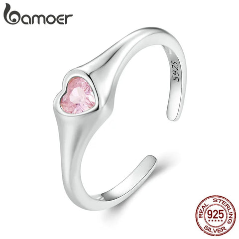 Bamoer 925 Sterling Silver Stackable Pink Heart Opening Ring Angle Wings Adjustable Ring  Fine Jewelry for Women Party