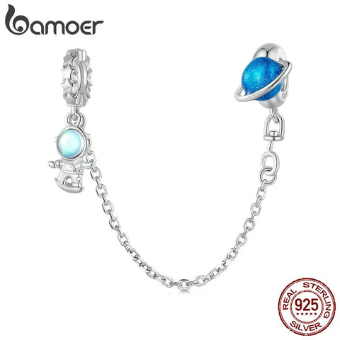 Bamoer 925 Sterling Silver Astronaut Safety Chain Planet Chain Accessory for Women Bracelet Bangle DIY Fine Jewelry BSC792