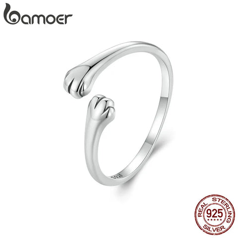 BAMOER 925 Sterling Silver Cute Cat Paw Ring, Adjustable Cat Hug Ring Fashion Jewelry for Pet Lover Chic Gift SCR961