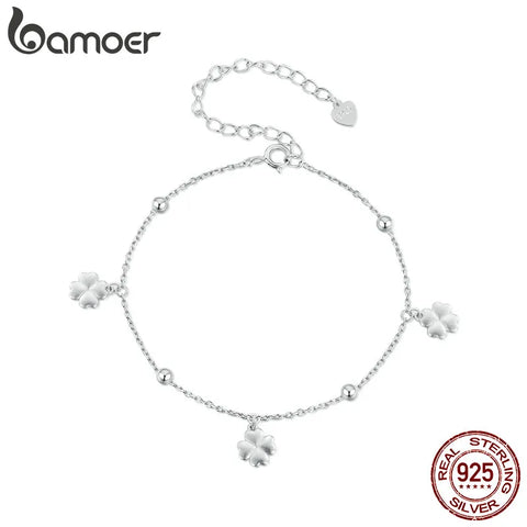 Bamoer 925 Sterling Silver Plain Lucky Four-Leaf Clover Adjustable Bracelet Korean Style Chain Link for Women Birthday Gift