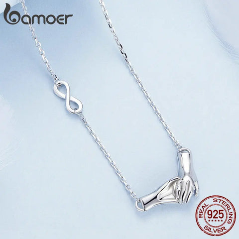 Bamoer 925 Sterling Silver Hand in Hand Pendant Necklace Platinum Plated Guard hand Neck Chain for Women Friends Gift