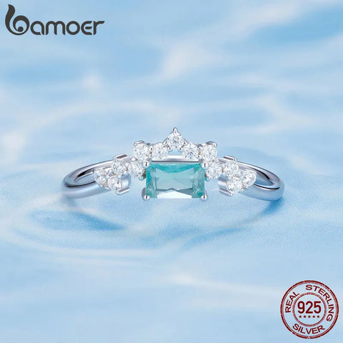 Bamoer 925 Sterling Silver Light Green Square CZ V-shaped Finger Ring Crown Ring for Women Anniversary Wedding Jewelry BSR330