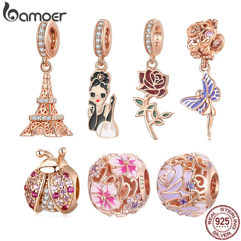 Bamoer 925 Sterling Silver Eiffel Tower Pendant fit DIY Bracelet & Bangle Fine Jewelry Ladybug Bead Rose Gold Charms Collection