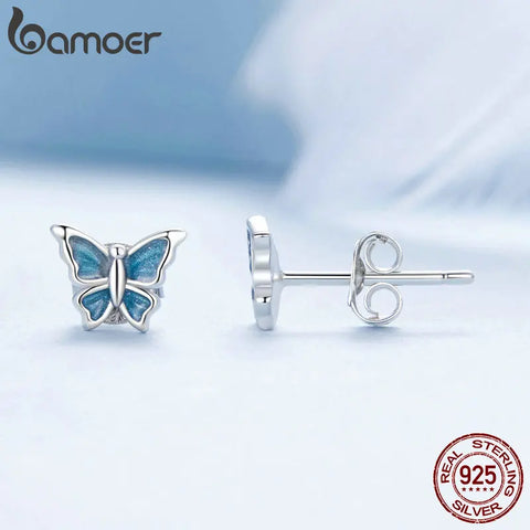 BAMOER 925 Sterling Silver Blue Enamel Mini Butterfly Stud Earrings for Women Girls Sweet Fine Jewelry Birthday Gift