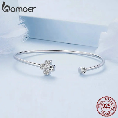 Bamoer 925 Sterling Silver Lucky Four-Leaf Clover Open Bracelet Korean Style Chain Link for Women Birthday Gift BSB134