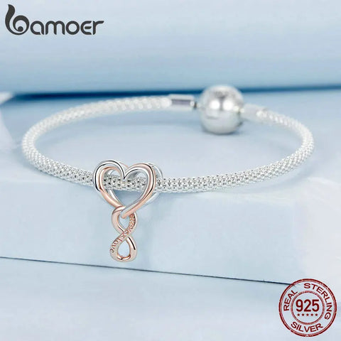 BAMOER 925 Sterling Silver Two-tone Heart Beads Rose Gold Infinite Love Charm for Women Original Bracelet & Bangle Fine Jewelry