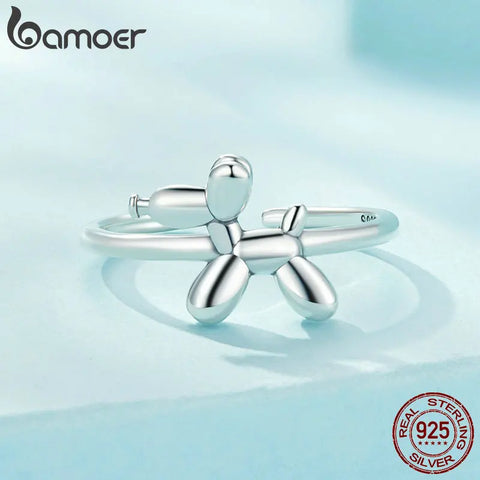 Bamoer 925 Sterling Silver Balloon Puppy Opening Ring Cute Dog Adjustable Ring Simple Jewelry for Women SCR978-E