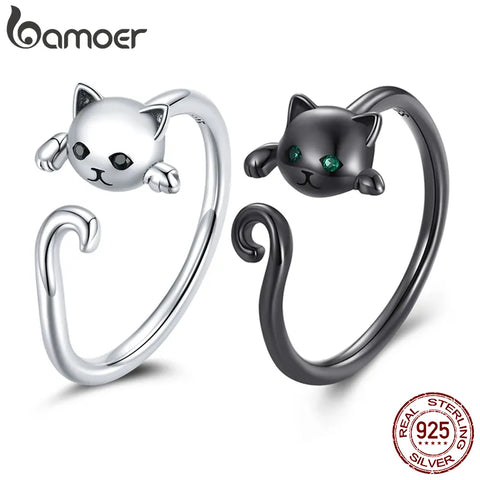 bamoer Cute Cat 925 Sterling Silver Simple Rings for Women Adjustable Ring Fashion Jewelry SCR707