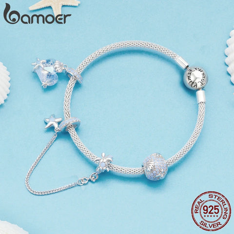Bamoer 925 Sterling Silver Underwater World Series Starfish and Turtle Charms Heart Shape Shell Beads for Women Bracelet DIY