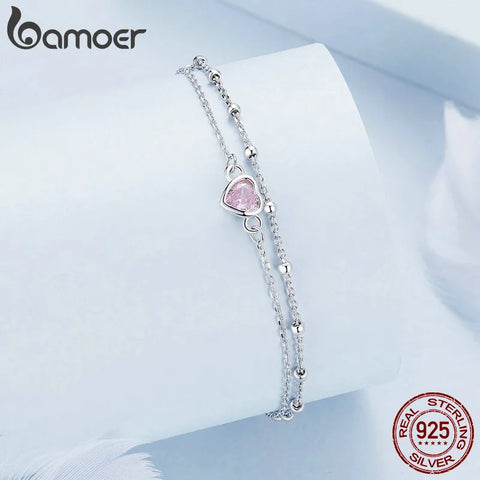 Bamoer 925 Sterling Silver Double Layer Bracelet Barbie Pink Heart Adjustable Chain Link for Women Valentine's Day Gift