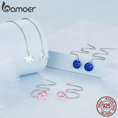 Bamoer 925 Sterling Silver Pink Blue Zircon Drop Dangle Ear Threads Long Tassel Earrings for Women Engagement Gift
