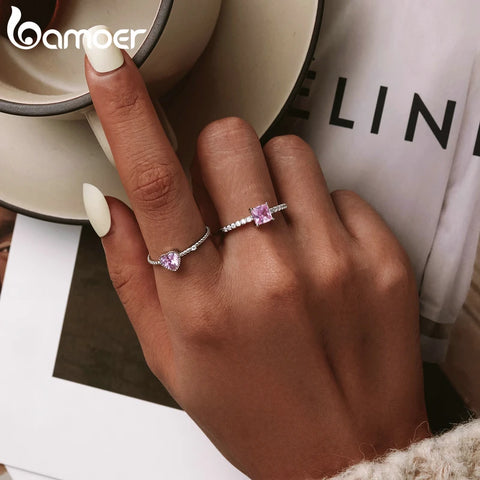 bamoer Real 925 Sterling Silver Pink Love CZ Eternity Rings For Fashion Women Cute Fine Jewelry Wedding Promise Bands BSR157