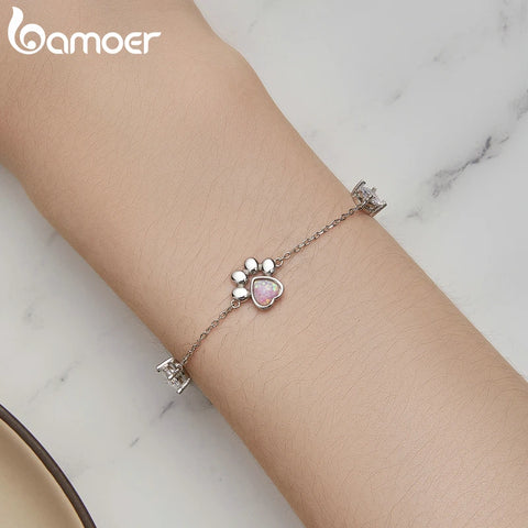 Bamoer 925 Sterling Silver Opal Paw Print Bracelet Original Design Pet Series Bracelet Women Silver Jewelry SCB256