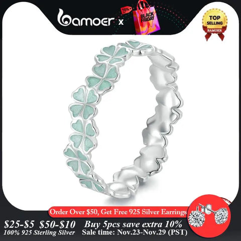 Bamoer 925 Sterling Silver Four-Leaf Clover Ring Mint Green Leaves Vine Ring Fine Jewelry Gift for Women Party