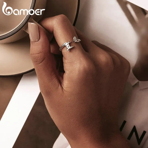 Bamoer New Trendy Genuine 925 Sterling Silver Giraffe Open Ring for Women Puppy Paw Elephant Ring Girl Fine Jewelry Party Gift