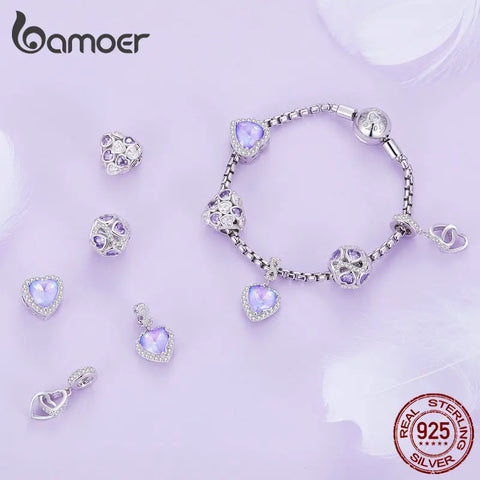 Bamoer 925 Sterling Silver Infinite Love Bead Purple Heart Zircon Charms for Women Bracelet and Necklace DIY Fine Jewelry