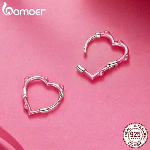 BAMOER 925 Sterling Silver Pink Heart-shaped Ear Buckles Two-Tone Hoop Earrings for Women Party Sweet Fine Jewelry Gift