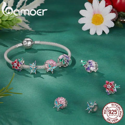 Bamoer 925 Sterling Silver Flower & Bird Bead Butterfly Charms for Women Original Bracelet & Bangle Enamel Process Fine Jewelry